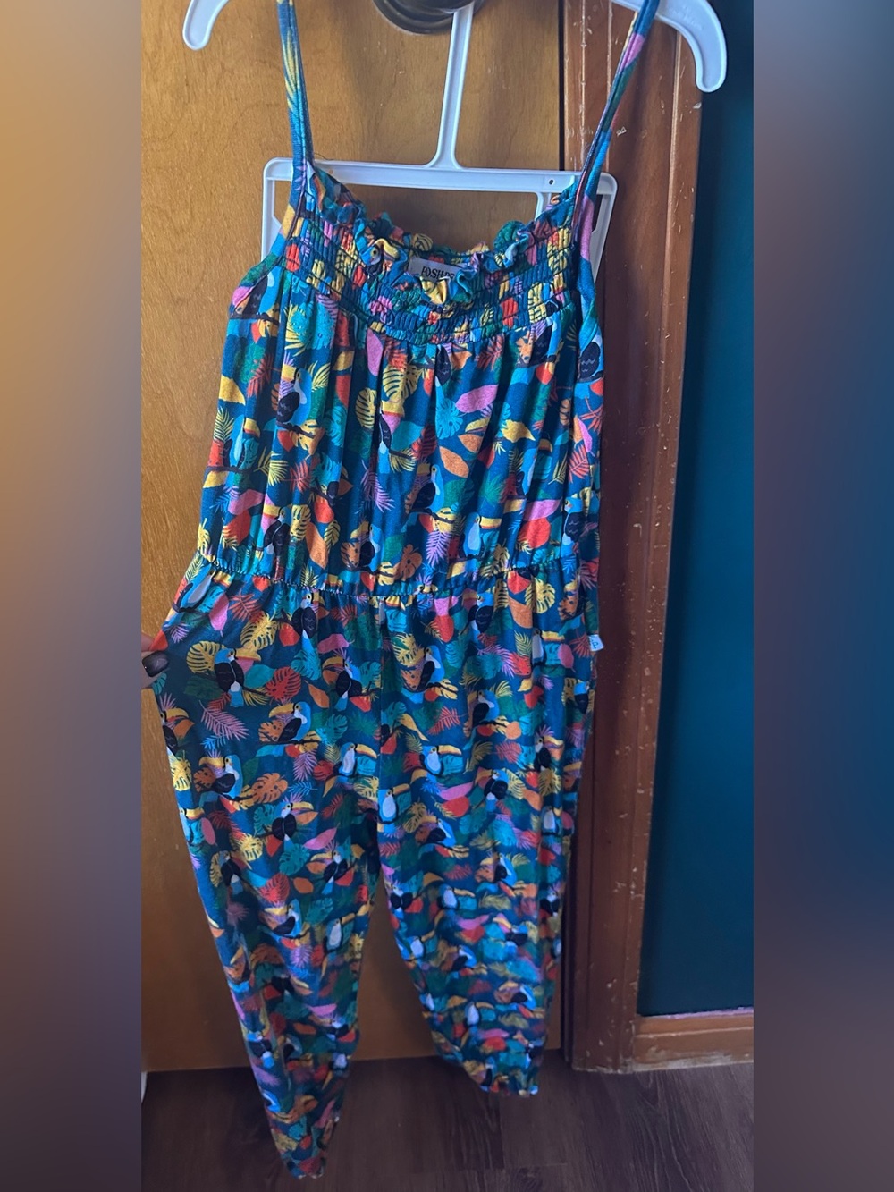 Posh Peanut Tropical Toucan Jumpsuit in Blue, Pink, Yellow, Green